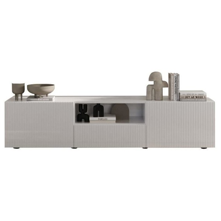 Meuble TV - RICCIONE - Blanc laqué brillant - 2 portes - 1 tiroir - 184 x 42 x 42,5 cm Meuble TV - RICCIONE - Blanc laqué brillant - 2 portes - 1 tiroir - 184 x 42 x 42,5 cm
