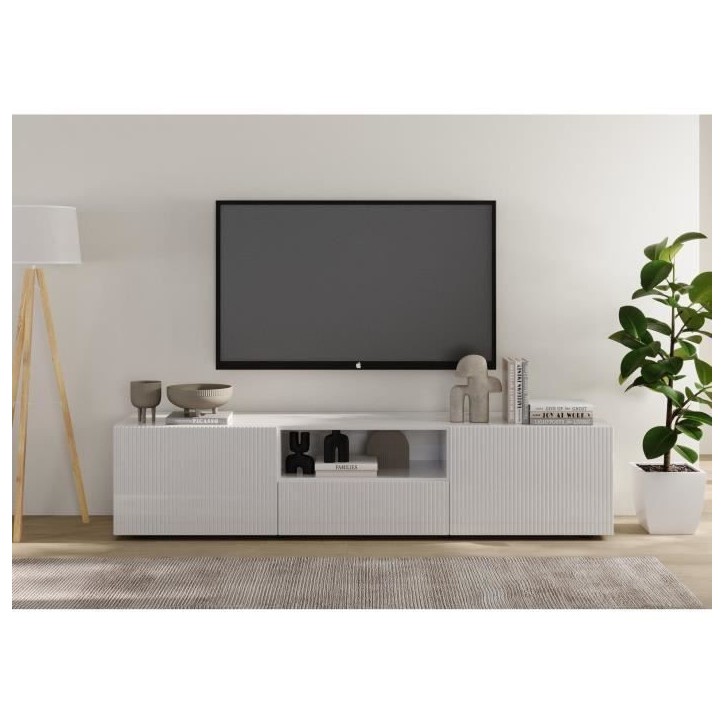 Meuble TV - RICCIONE - Blanc laqué brillant - 2 portes - 1 tiroir - 184 x 42 x 42,5 cm Meuble TV - RICCIONE - Blanc laqué brillant - 2 portes - 1 tiroir - 184 x 42 x 42,5 cm