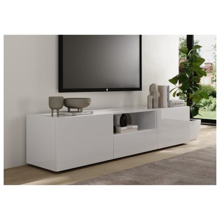 Meuble TV - RICCIONE - Blanc laqué brillant - 2 portes - 1 tiroir - 184 x 42 x 42,5 cm Meuble TV - RICCIONE - Blanc laqué brillant - 2 portes - 1 tiroir - 184 x 42 x 42,5 cm