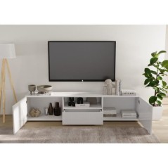 Meuble TV - RICCIONE - Blanc laqué brillant - 2 portes - 1 tiroir - 1