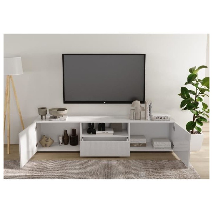 Meuble TV - RICCIONE - Blanc laqué brillant - 2 portes - 1 tiroir - 184 x 42 x 42,5 cm Meuble TV - RICCIONE - Blanc laqué brillant - 2 portes - 1 tiroir - 184 x 42 x 42,5 cm