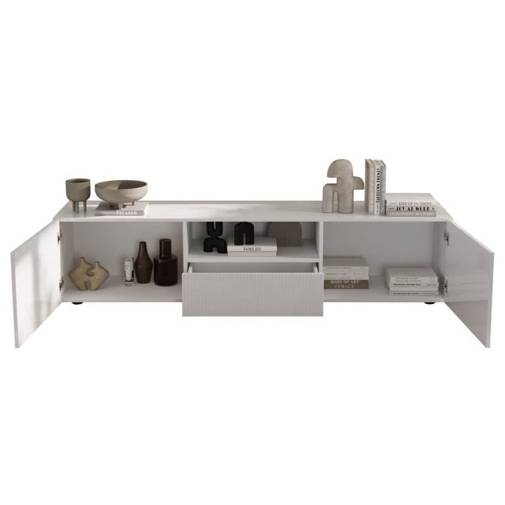 Meuble TV - RICCIONE - Blanc laqué brillant - 2 portes - 1 tiroir - 184 x 42 x 42,5 cm Meuble TV - RICCIONE - Blanc laqué brillant - 2 portes - 1 tiroir - 184 x 42 x 42,5 cm