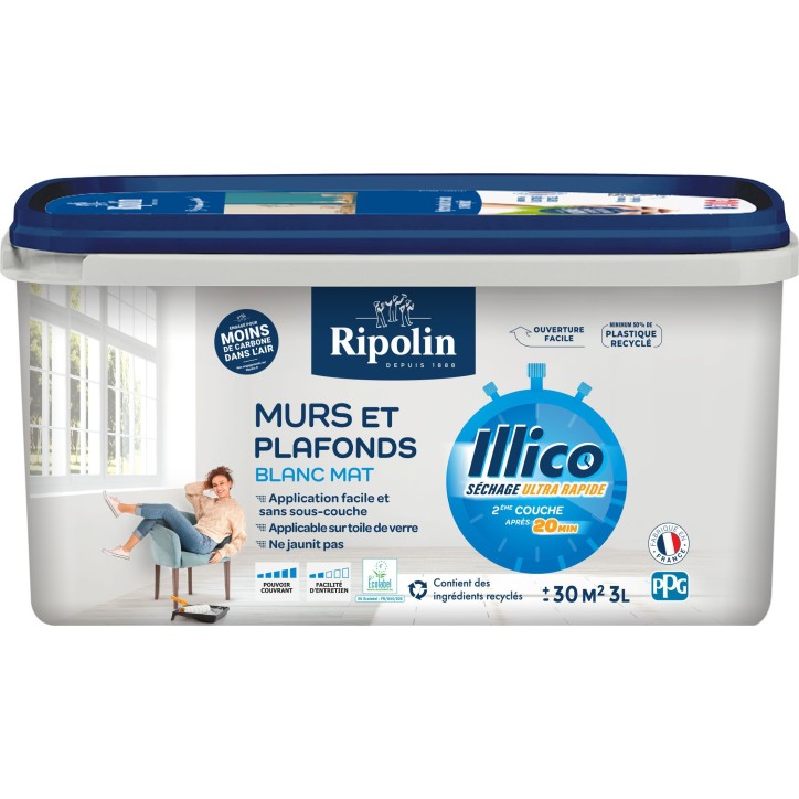 Peinture murs et plafonds - Blanc - Mat - RIPOLIN - Illico - 3 L Peinture murs et plafonds - Blanc - Mat - RIPOLIN - Illico - 3 L