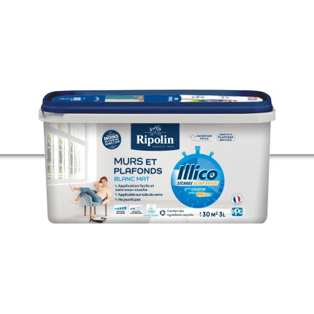 Peinture murs et plafonds - Blanc - Mat - RIPOLIN - Illico - 3 L