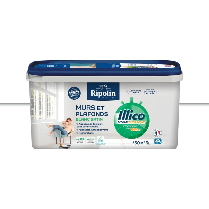 Peinture murs et plafonds - Blanc - Satin - RIPOLIN - Illico - 3 L