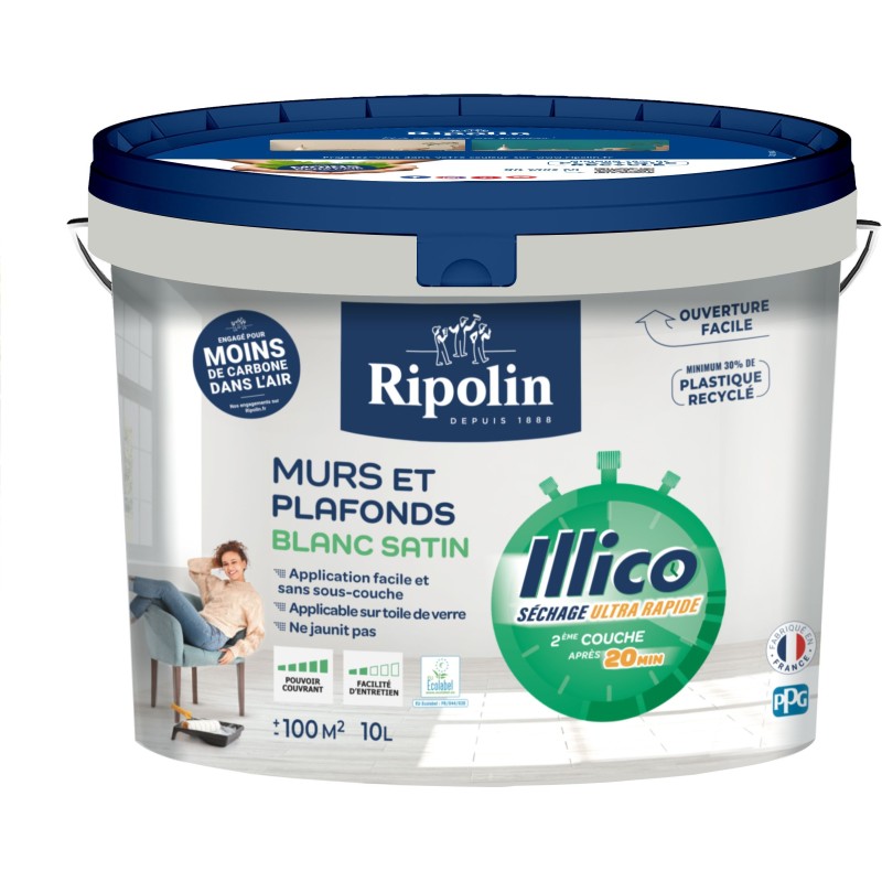 Peinture murs et plafonds - Blanc - Satin - RIPOLIN - Illico - 10 L