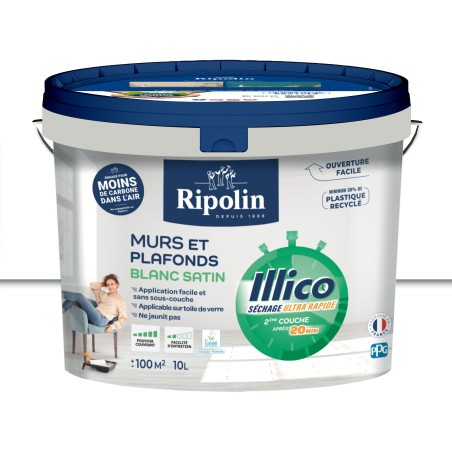 Peinture murs et plafonds - Blanc - Satin - RIPOLIN - Illico - 10 L