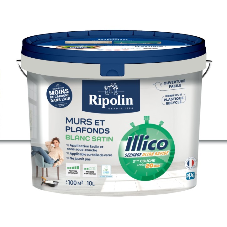 Peinture murs et plafonds - Blanc - Satin - RIPOLIN - Illico - 10 L