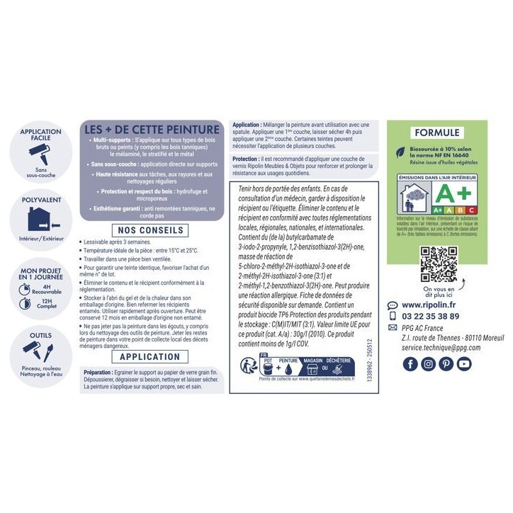 Peinture meuble et objet - Blanc - Satiné - Ripolin - 0,5L Peinture meuble et objet - Blanc - Satiné - Ripolin - 0,5L