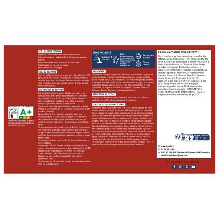 Peinture multi-supports - Rouge piment - RAL 3000 - Mat - Ripolin - 2L Peinture multi-supports - Rouge piment - RAL 3000 - Mat - Ripolin - 2L