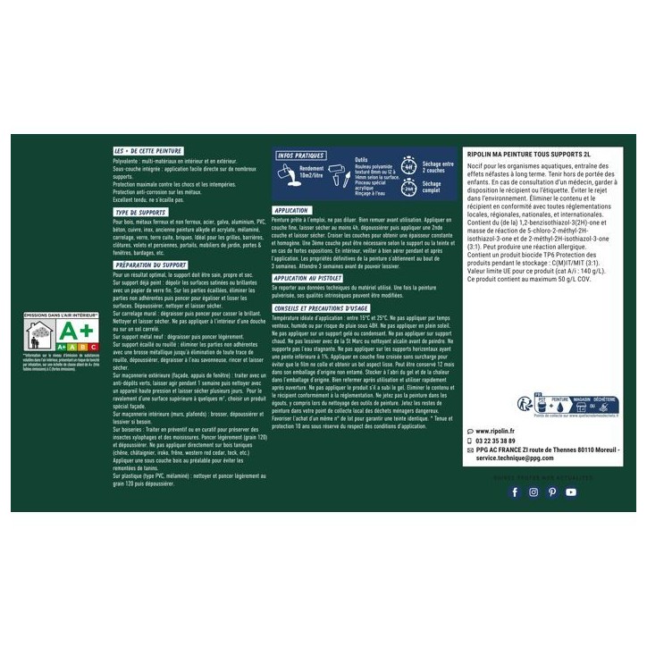 Peinture multi-supports - Vert basque - RAL 6005 - Mat - Ripolin - 2L Peinture multi-supports - Vert basque - RAL 6005 - Mat - Ripolin - 2L