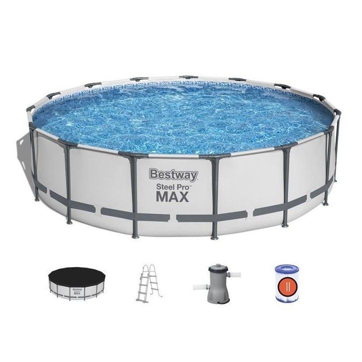 Kit Piscine hors sol tubulaire BESTWAY Steel Pro Max™- 457 x 107 cm - Ronde (Avec pompe de filtration, échelle + bâche) Kit Piscine hors sol tubulaire BESTWAY Steel Pro Max™- 457 x 107 cm - Ronde (Avec pompe de filtration, échelle + bâche)