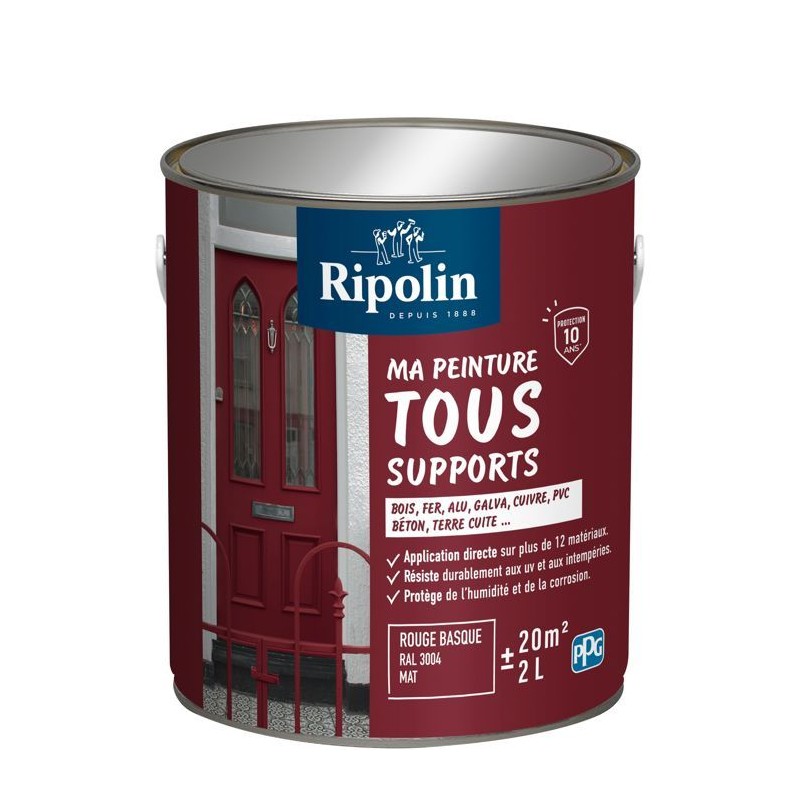 Peinture multi-supports - Rouge basque - RAL 3004 - Mat - Ripolin - 2L