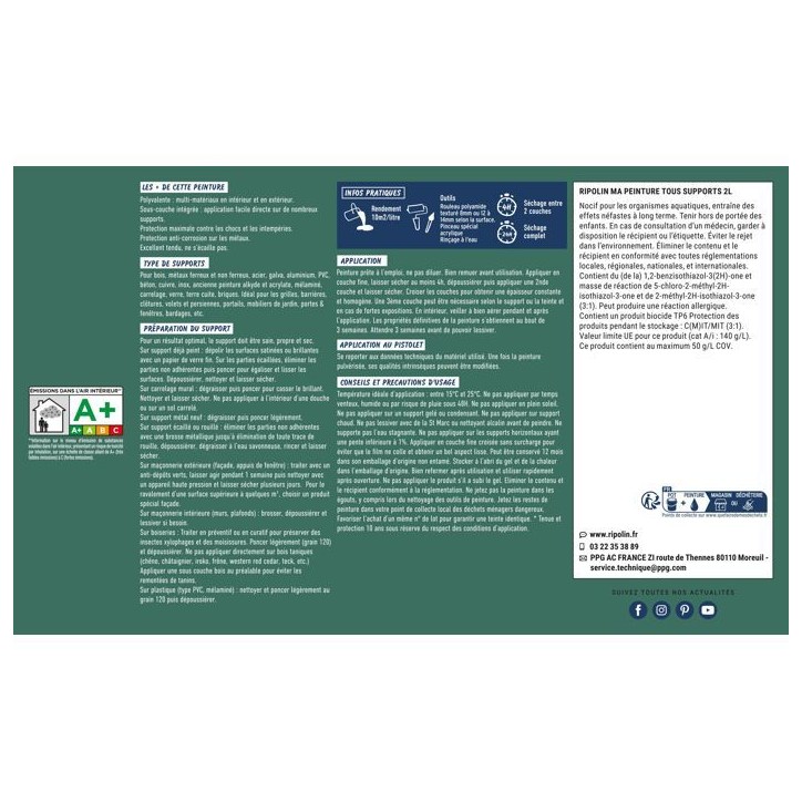 Peinture multi-supports - Vert cedre - RAL 6000 - Mat - Ripolin - 2L Peinture multi-supports - Vert cedre - RAL 6000 - Mat - Ripolin - 2L