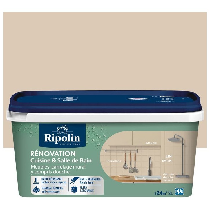 Peinture rénovation cuisine et salle de bain - Lin - Satiné - Ripolin - 2L Peinture rénovation cuisine et salle de bain - Lin - Satiné - Ripolin - 2L