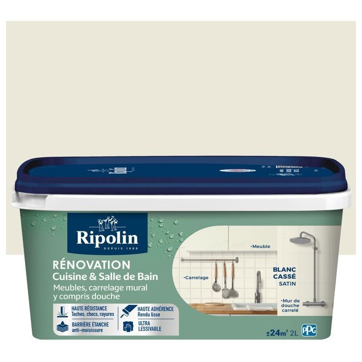 Peinture rénovation cuisine et salle de bain - Blanc cassé - Satiné - Ripolin - 2L Peinture rénovation cuisine et salle de bain - Blanc cassé - Satiné - Ripolin - 2L