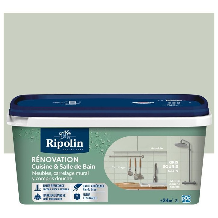 Peinture rénovation cuisine et salle de bain - Gris souris - Satiné - Ripolin - 2L Peinture rénovation cuisine et salle de bain - Gris souris - Satiné - Ripolin - 2L
