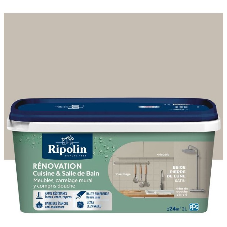 Peinture rénovation cuisine et salle de bain - Beige pierre - Satiné - Ripolin - 2L Peinture rénovation cuisine et salle de bain - Beige pierre - Satiné - Ripolin - 2L