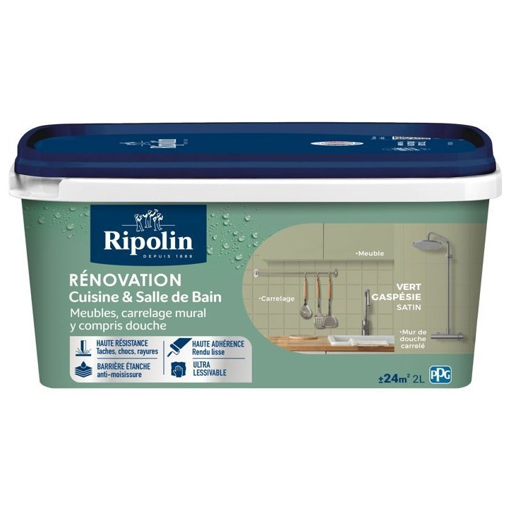 Peinture rénovation cuisine et salle de bain - Vert gaspesie - Satiné - Ripolin - 2L Peinture rénovation cuisine et salle de bain - Vert gaspesie - Satiné - Ripolin - 2L