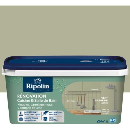 Peinture rénovation cuisine et salle de bain - Vert gaspesie - Satiné - Ripolin - 2L
