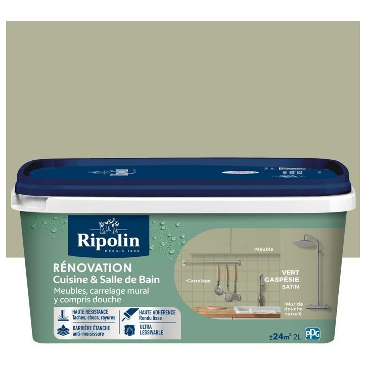 Peinture rénovation cuisine et salle de bain - Vert gaspesie - Satiné - Ripolin - 2L Peinture rénovation cuisine et salle de bain - Vert gaspesie - Satiné - Ripolin - 2L