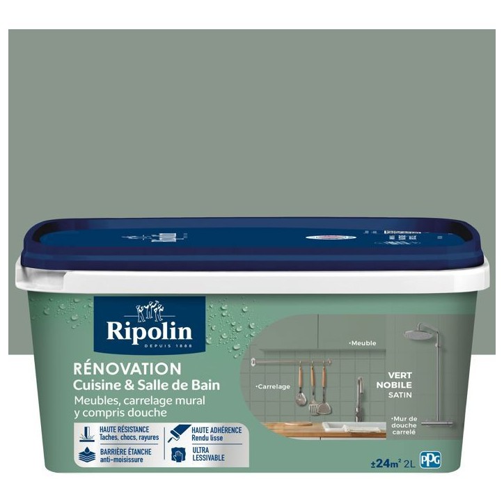 Peinture rénovation cuisine et salle de bain - Vert nobile - Satiné - Ripolin - 2L Peinture rénovation cuisine et salle de bain - Vert nobile - Satiné - Ripolin - 2L