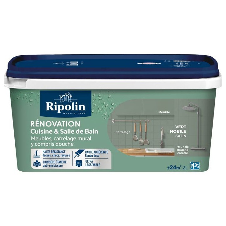 Peinture rénovation cuisine et salle de bain - Vert nobile - Satiné - Ripolin - 2L Peinture rénovation cuisine et salle de bain - Vert nobile - Satiné - Ripolin - 2L