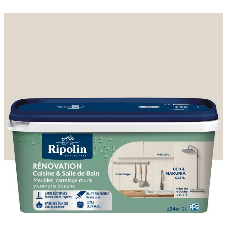 Peinture rénovation cuisine et salle de bain - Beige makuria - Satiné - Ripolin - 2L Peinture rénovation cuisine et salle de bain - Beige makuria - Satiné - Ripolin - 2L