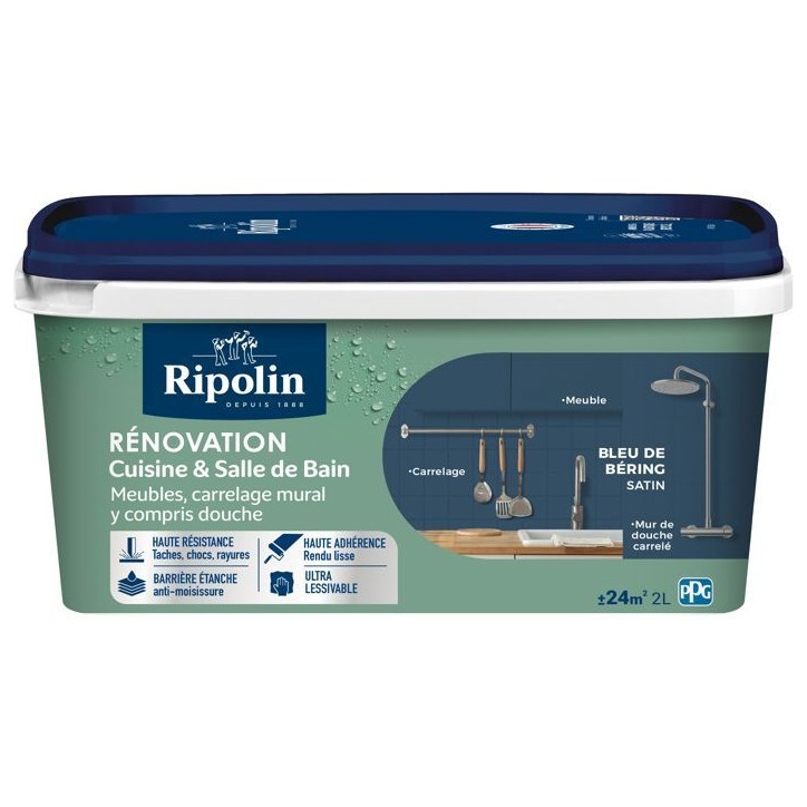Peinture rénovation cuisine et salle de bain - Bleu de bering - Satiné - Ripolin - 2L Peinture rénovation cuisine et salle de bain - Bleu de bering - Satiné - Ripolin - 2L