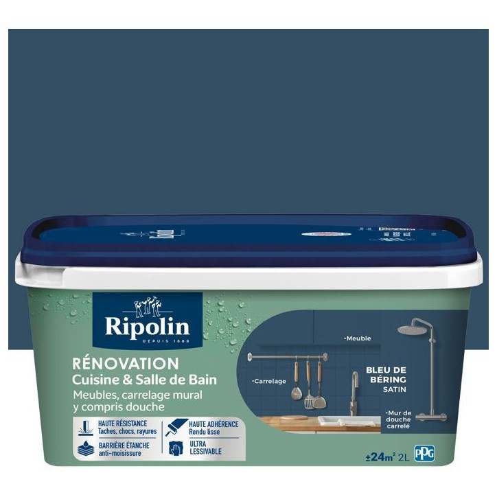 Peinture rénovation cuisine et salle de bain - Bleu de bering - Satiné - Ripolin - 2L Peinture rénovation cuisine et salle de bain - Bleu de bering - Satiné - Ripolin - 2L