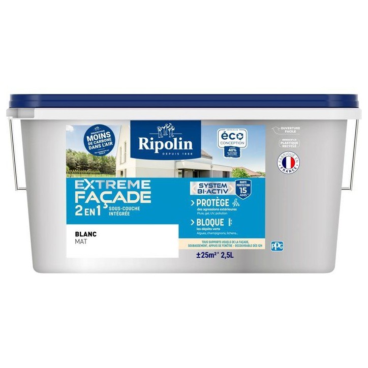Peinture extreme façade 2 en 1 - Blanc - Mat - Ripolin - 2,5L Peinture extreme façade 2 en 1 - Blanc - Mat - Ripolin - 2,5L