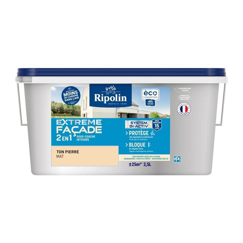 Peinture extreme façade 2 en 1 - Ton Pierre - Mat - Ripolin - 2,5L