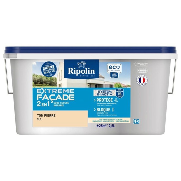 Peinture extreme façade 2 en 1 - Ton Pierre - Mat - Ripolin - 2,5L Peinture extreme façade 2 en 1 - Ton Pierre - Mat - Ripolin - 2,5L