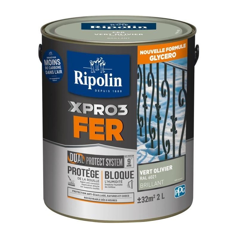 Peinture fer - RIPOLIN - 6021 - Vert Olivier - Brillant - 2L