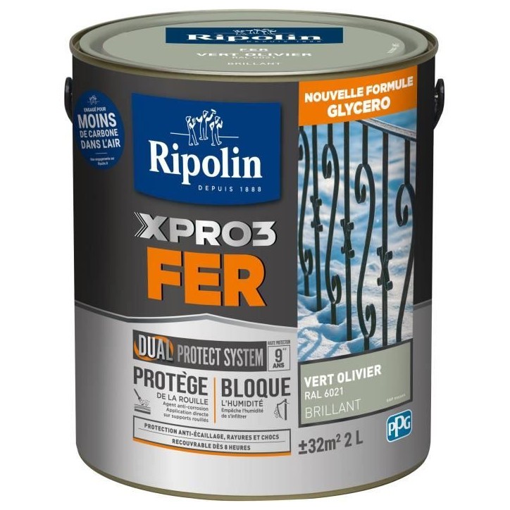Peinture fer - RIPOLIN - 6021 - Vert Olivier - Brillant - 2L Peinture fer - RIPOLIN - 6021 - Vert Olivier - Brillant - 2L