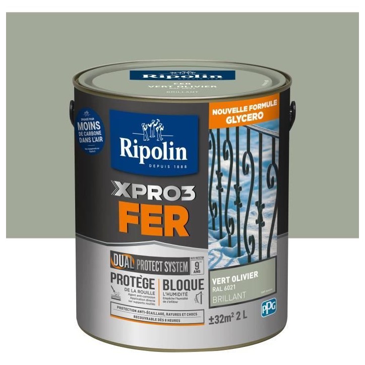 Peinture fer - RIPOLIN - 6021 - Vert Olivier - Brillant - 2L Peinture fer - RIPOLIN - 6021 - Vert Olivier - Brillant - 2L