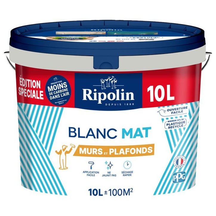 Peinture murs et plafonds - Blanc - Mat - RIPOLIN - 10 L - Edition spéciale bi-couche Peinture murs et plafonds - Blanc - Mat - RIPOLIN - 10 L - Edition spéciale bi-couche