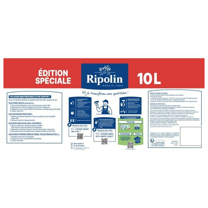 Peinture murs et plafonds - Blanc - Mat - RIPOLIN - 10 L - Edition spéciale bi-couche Peinture murs et plafonds - Blanc - Mat - RIPOLIN - 10 L - Edition spéciale bi-couche