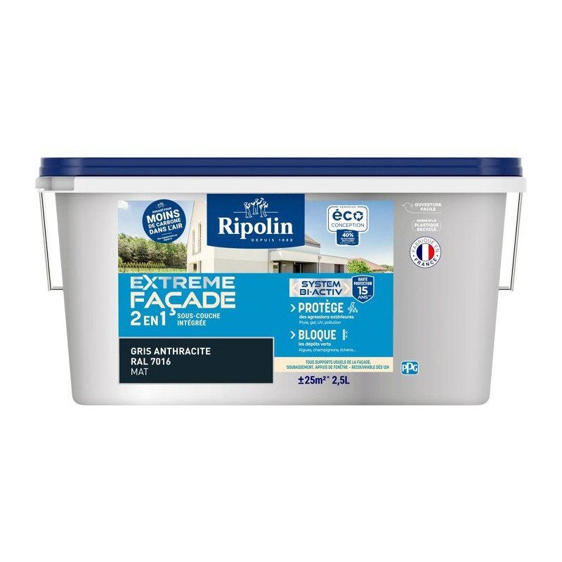 Peinture extreme façade 2 en 1 - Gris Anthracite - Mat - Ripolin - 2,