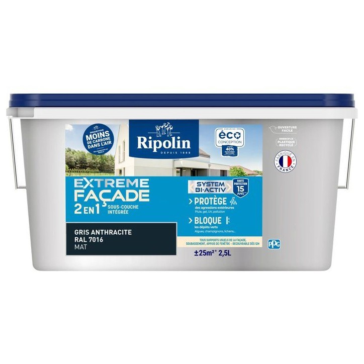 Peinture extreme façade 2 en 1 - Gris Anthracite - Mat - Ripolin - 2,5L Peinture extreme façade 2 en 1 - Gris Anthracite - Mat - Ripolin - 2,5L