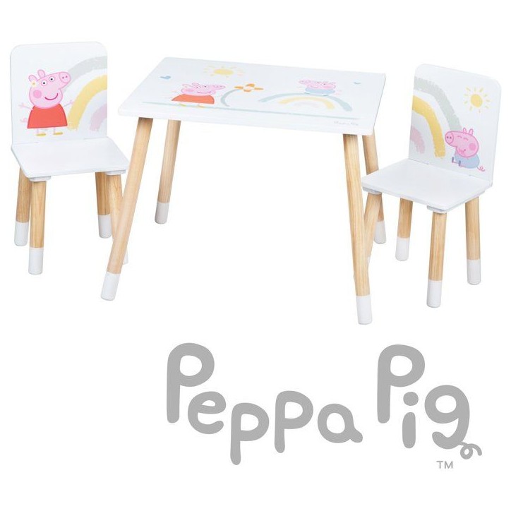 Set table et 2 chaises pour enfant - ROBA - Peppa Pig - Pieds en bois massif - Blanc / Rose / Naturel Set table et 2 chaises pour enfant - ROBA - Peppa Pig - Pieds en bois massif - Blanc / Rose / Naturel