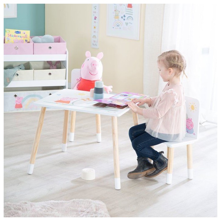 Set table et 2 chaises pour enfant - ROBA - Peppa Pig - Pieds en bois massif - Blanc / Rose / Naturel Set table et 2 chaises pour enfant - ROBA - Peppa Pig - Pieds en bois massif - Blanc / Rose / Naturel