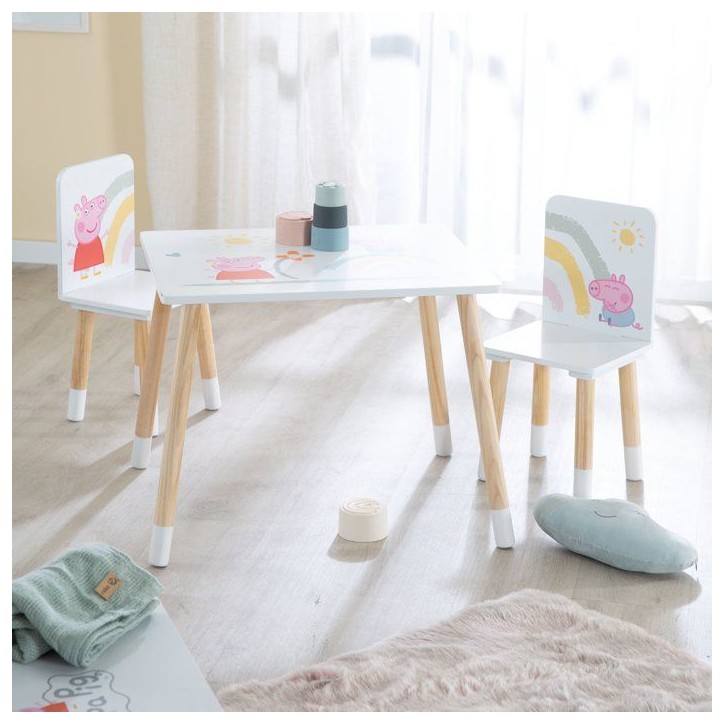 Set table et 2 chaises pour enfant - ROBA - Peppa Pig - Pieds en bois massif - Blanc / Rose / Naturel Set table et 2 chaises pour enfant - ROBA - Peppa Pig - Pieds en bois massif - Blanc / Rose / Naturel