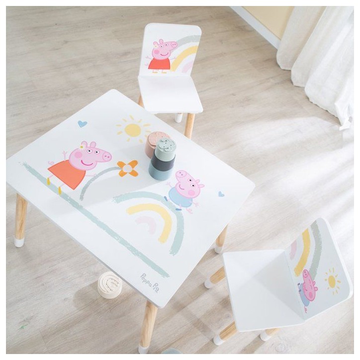 Set table et 2 chaises pour enfant - ROBA - Peppa Pig - Pieds en bois massif - Blanc / Rose / Naturel Set table et 2 chaises pour enfant - ROBA - Peppa Pig - Pieds en bois massif - Blanc / Rose / Naturel