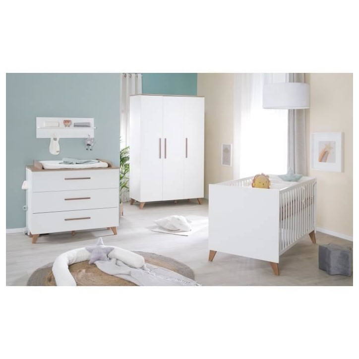 Chambre bébé complete : Lit évolutif 70 x 140 cm + commode a langer + armoire 3 portes - OLE - ROBA - Chene foncé / Blanc Chambre bébé complete : Lit évolutif 70 x 140 cm + commode a langer + armoire 3 portes - OLE - ROBA - Chene foncé / Blanc