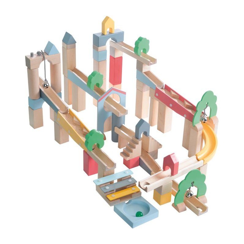 Circuit a billes en bois - ROBA - 20 billes en verre - 60 briques de c