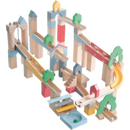 Circuit a billes en bois - ROBA - 20 billes en verre - 60 briques de c