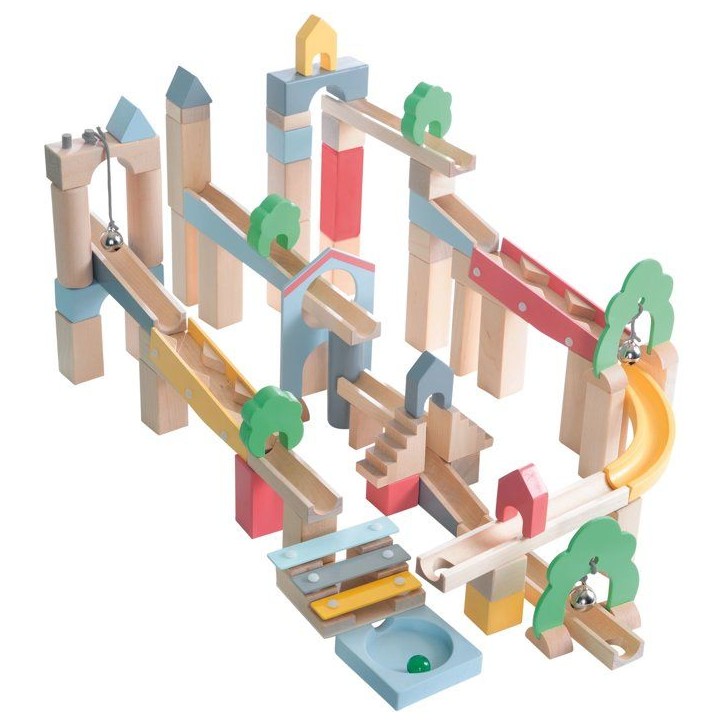 Circuit a billes en bois - ROBA - 20 billes en verre - 60 briques de construction - Naturel / Ciel / Jaune / Corail Circuit a billes en bois - ROBA - 20 billes en verre - 60 briques de construction - Naturel / Ciel / Jaune / Corail