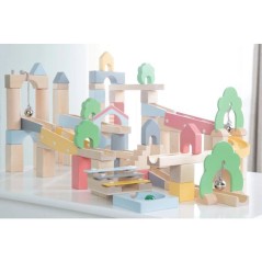 Circuit a billes en bois - ROBA - 20 billes en verre - 60 briques de c