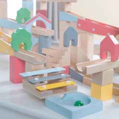 Circuit a billes en bois - ROBA - 20 billes en verre - 60 briques de c